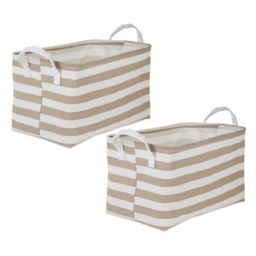 Design Imports Set of 2 Rectangle L 10.5 x 17.5 x 10 Pe Coated Cotton Poly Laundry Bins Stripe Stone: Brown Laundry Baskets