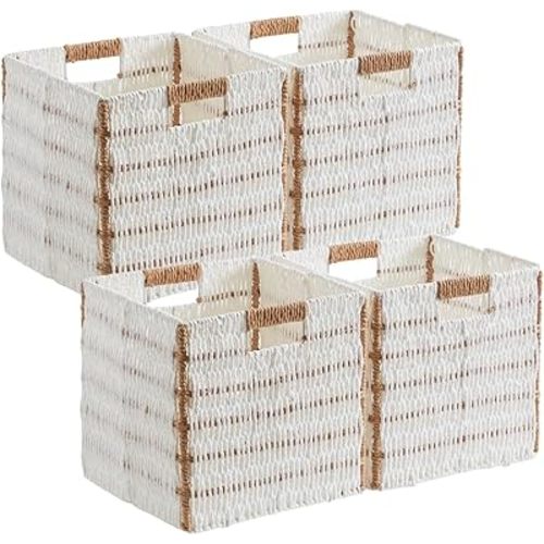 Ornavo Home Wicker Storage Cubes Bin, 10.5 Inch Shelf Basket Collapsible Natural Hand Woven Paper Cube Bin with Handles - Set of 4, White/Brown
