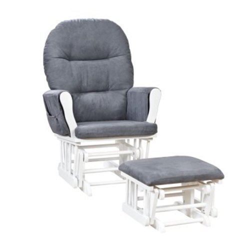 Brisbane Nursery Glider & Ottoman Set - Reclining Glider Rocker Chair for Breastfeeding, Maternity, & Comfort, White,Gray-Cushion Color:Dark Gray,Finish:White