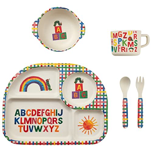 Funkins Eco-Friendly Bamboo Kids Dinnerware Set - Fun & Bright Non-Toxic Colors, BPA-Free, Dishwasher Safe, Divided Plate, Bowl, Cup, Fork, Spoon for Toddler Meals, The World of Eric Carle (Alphabet)