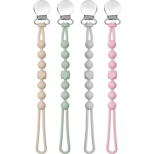 Pacifier Clips for Boys Girls - MORIBOX Silicone Paci Clip Teething Relief with One Piece Neutral Baby Binky Holder for Shower Birthday Gift 4 Pack
