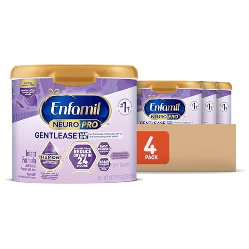 Enfamil NeuroPro Gentlease Baby Formula, Infant Formula Nutrition, Brain Support that has DHA, HuMO6 Immune Blend, Designed to Reduce Fussiness, Crying, Gas & Spit-up in 24 Hrs, has Prebiotics to Promote Softer Stools, Reusable Tubs, 19.5 Oz, (Pack of 4)