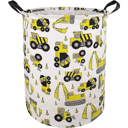 KUNRO Large Sized Round Storage Basket Waterproof Coating Organizer Bin Laundry Hamper for Nursery Clothes Toys (Excavator)