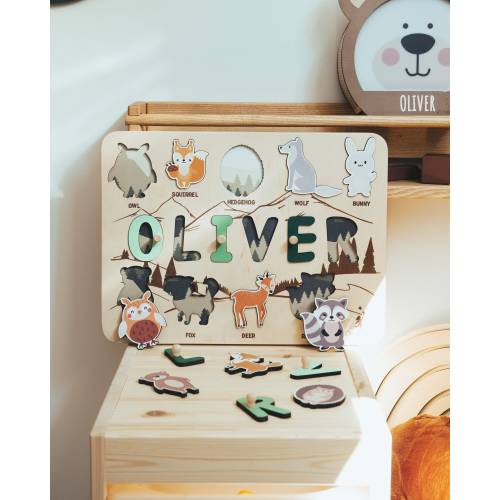 Name Puzzle Board, Forest Animal Puzzle, Baby Gift Personalized, Toddler Toys 1, 2, 3 Year Old, Birthday Gift for Kids, Woodland Nursery