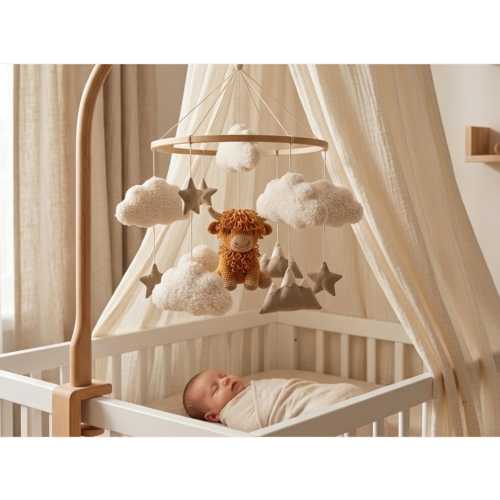 Crocheted Highland Cattle Baby Mobile, Boho Farm Nursery Decor, Highland Cow Baby Mobile Crochet, Handmade Neutral Nursery Decor