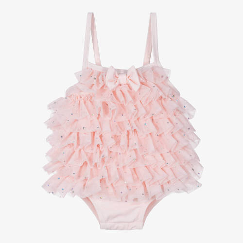 Angel's Face - Baby Girls Pale Pink Tulle Frill Swimsuit (UPF50+) | Childrensalon