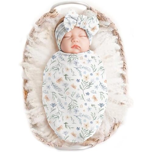 Konssy Baby Girl Newborn Receiving Blanket with Headband Set Baby Swaddle Nursery Swaddle Wrap