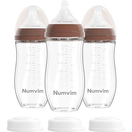 Glass Nurturing Baby Bottles for Breastfeeding Babies, Baby Essentials, Gentle Medium Flow, Wide Neck Bottle with Anti Colic Nipple for 3 Months Babies, 3 Packs (Brown, 8oz)