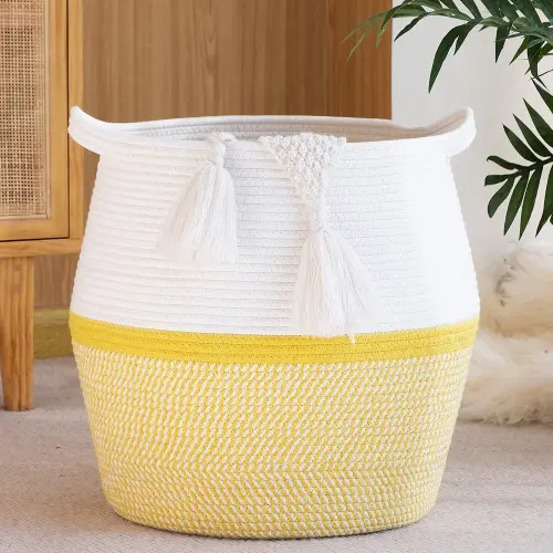 KAKAMAY Woven Baskets for Storage(17"x17"),Large Cotton Rope Woven Baby Laundry Hamper,Collapsible Laundry Basket, Blanket Basket for Organizing Living Room,Nursery,Pillows,Toy Chest(Yellow)