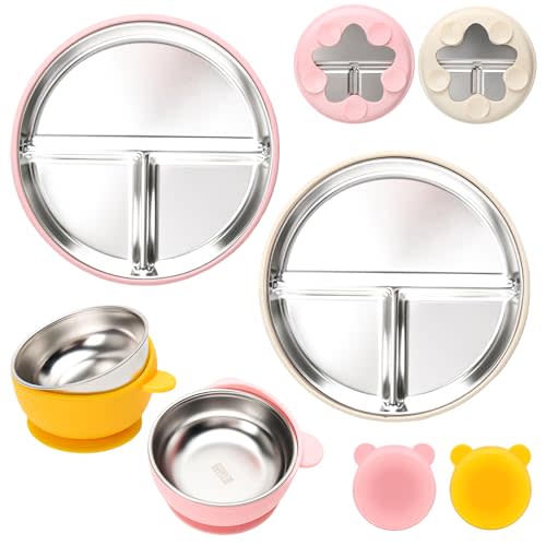 MISSLILI Stainless Steel Baby Plate and Bowls with Suction, Divided Kids Baby Plate and Toddler Bowl with Removable Silicone Suction, Non-Slip Baby Feeding Set Dishwasher Safe，4 Packs