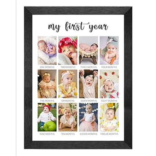 My First Year Picture Frame 12 Months Baby Keepsake Photo Frame Collage Gender Neutral Baby Wall Hanging 12 Photo Inserts First Birthday Monthly Photo Collage New Mom Gift (White1)