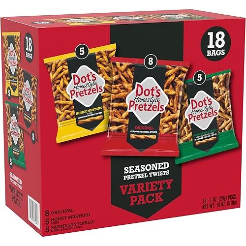Dot's Homestyle Pretzels Variety Pack, Original, Honey Mustard, and Parmesan Garlic Twist Snack, 1oz Individually Sized Bags (18 Count)