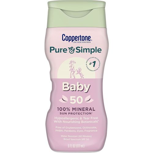 Coppertone Pure and Simple Baby Sunscreen Lotion SPF 50, Broad Spectrum Sunscreen for Baby, 6 Fl Oz Bottle