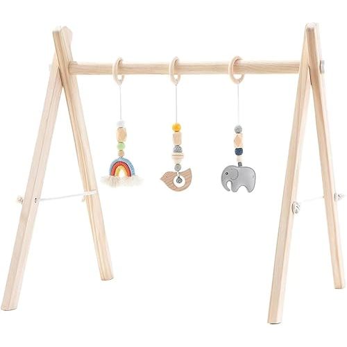 Foldable Baby Play Gym with Natural Pine Wood and Hanging Bar for Infant Activities, Ideal Gift for Newborn Boys and Girls