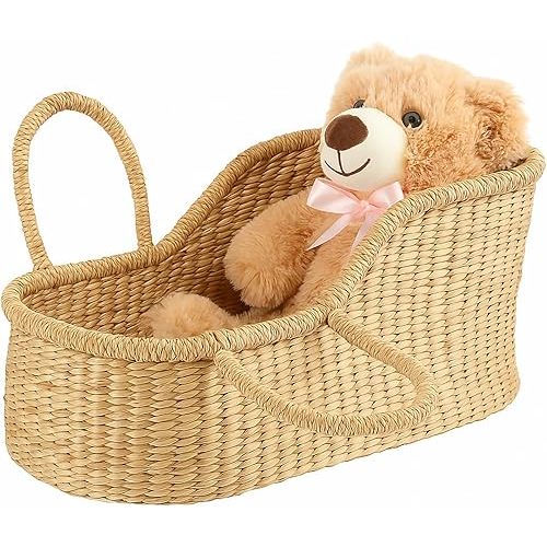 Doll Bassinet Handwoven Seagrass Moses Basket Portable Doll Carrier Natural Wicker Bassinet for Plush Bears, Shower Gift Decor, Photo Prop, Diaper Caddy