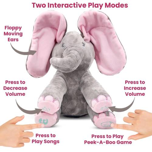 Dimple Kaia the Singing Peek-a-Boo Elephant - Interactive Plush Toy for Babies and Toddlers with Moving Ears and Music