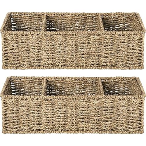 StorageWorks Wicker Toilet Basket Tank Topper, Toilet Paper Basket for Back of Toilet Tank Top, 3-Section Seagrass Storage Baskets for Shelves, 2-Pack