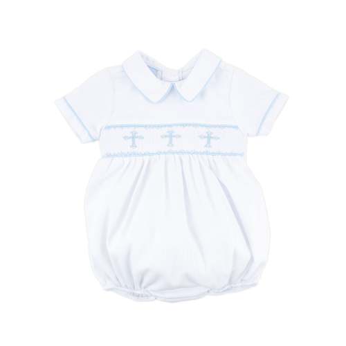 Blue Cross Smocked White Boy Bubble