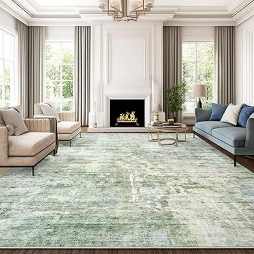 Abstract Rug 8x10 Large Living Room Rugs Neutral Modern Washable Area Rugs for Bedroom Dining Room Non-Slip Stain Resistant Foldable Thin Rug Green