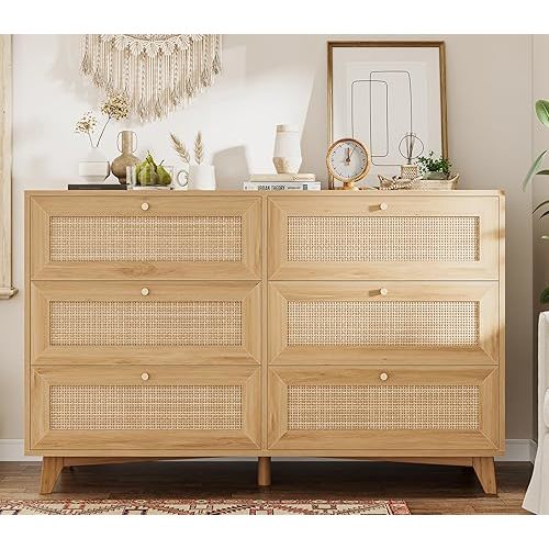 VIAGDO Rattan Dresser for Bedroom, 6 Drawer Dresser with Natural Rattan Drawers, Wooden Wide Dresser with Gold Handles, Modern Closet Dressers Chest of Drawers for Nursery Entryway Living Room
