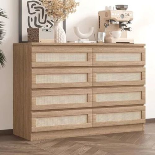 Dresser for Bedroom, Rattan 6/8 Drawer Dresser for Closet, Double Wood Dressers & Chest of Drawers, For Bedroom/Living Room/Entryway, Natural