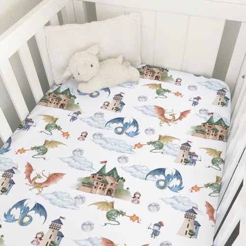 Fairytale Dragons Castle Baby Crib Sheet 52''x28'' Cute Dragon Princess Knight Moon Clouds Stretchy Fitted Crib Mattress Cover for Boy Girl Bed Sheets for Standard Crib Toddler Mattress