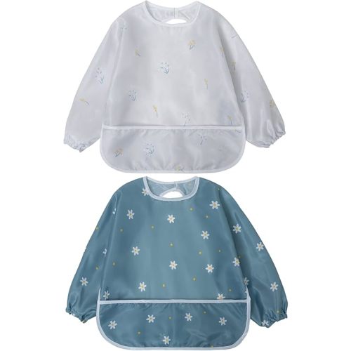 Little Dimsum Mess-Proof Baby Bibs|Infant Toddler Long Sleeve Waterproof Feeding Art Smock|Catching Food & Wipe Clean| Pack of 2 Colors Flower Sets