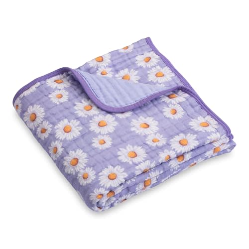 LollyBanks Muslin Baby Blanket 100% Cotton, Muslin Quilt Lightweight, Muslin Blanket for Girls, 6 Layers Baby Blanket 47"x 47", Soft Nursery Receiving Blankets Baby Essentials (Daisy Print)