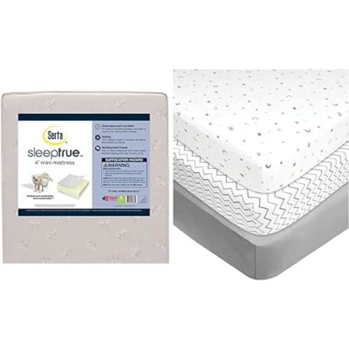 Delta Children Serta SleepTrue Mini Crib Mattress and American Baby Company 3 Pack Fitted Mini Crib Sheet Set for Boys and Girls