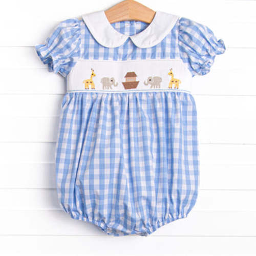 Noah's Ark Smocked Puff Sleeve Bubble, Blue – Stitchy Fish