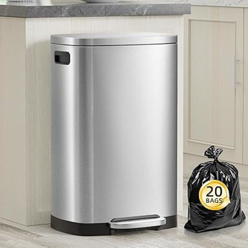 13 Gallon Trash Can with Lid, 50L Fingerprint Proof Stainless Steel Kitchen Trash Can with Removable Inner Bucket and Lid Soft Close, Pedal Rubbish Bin for Home Office