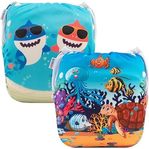 ALVABABY Baby Swim Diapers 2pcs One Size Reuseable Washable & Adjustable for Swimming Lesson & Baby Boy DYK105-106