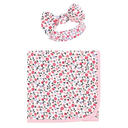 Touched By Nature Baby Girl Organic Cotton Swaddle Blanket And Headband Or Cap, Ditsy Floral, One Size