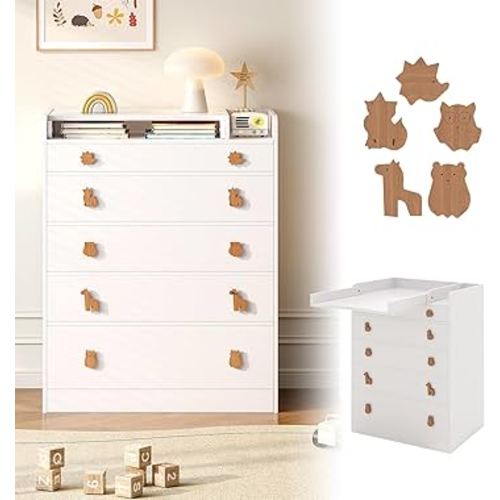 Changing Table Dresser, Nursery Baby Dresser with Foldable Table top and 5 Drawers, Modern Baby Changing Table, Diaper Changing Station for Children's Room, White