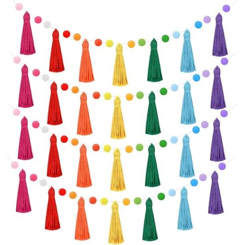 MARFOREVER 4 Pack 26.3 Feet Rainbow Tassel Pom Pom Garland Decorations Garland Banner Hanging Supplies for Back to School Decor Nursery Wall School Classroom Christmas Tree Birthday Party