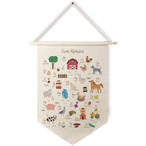 Qpenm Farm Animals Alphabet Hanging Wall Canvas Banner, Farm Animal Nursery ABC Educational Hanging Pennant Flag Prints Wall Decor Poster&Prints for Toddler Kids Room Playroom Classroom