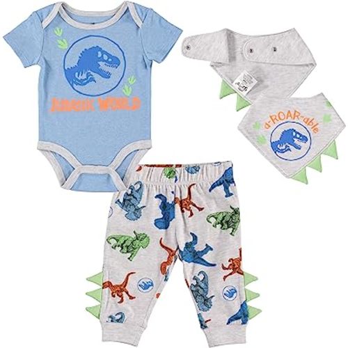 Jurassic World Welcome to the Universe Baby Baby Clothes 3-Piece Set with Baby Bodysuit, Pants, and Bib - Baby Outfits (3-6M), Blue/Grey/Green (AJWB114ST)