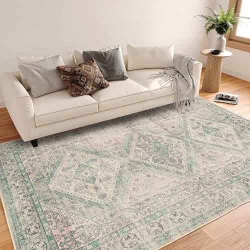 Washable Rug 8x10 - Ultra Thin Distressed Antique Area Rugs, Stain Resistant Washable Rugs for Living Room, Oriental Tribal Bedroom Rugs(Pale Green/Blush, 8'x10')
