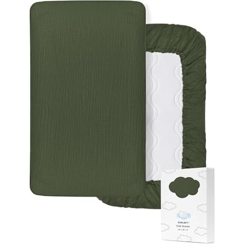 Olive Green Baby Crib Sheets, Soft Muslin Baby Crib Sheets for Standard Crib Mattress, 28" x 52" Neutral Cotton Toddler Bed Sheet (46C-10)