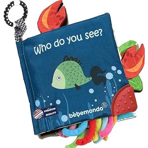 Baby Books Toys 0-6 Months,Touch and Feel Crinkle Books Soft Cloth Books for Babies Infant Baby 0-3-6-12 Months Toys 6 to 12 Months,Fish Sensory Teething Toys, Shower Baby Gifts Boys Girls W/ Teether