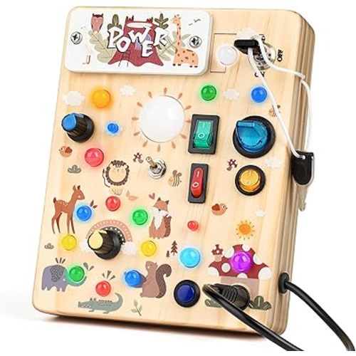 Joyreal Wooden Busy Board with LED Lights, Montessori Sensory Toys for Toddlers, Activity Fidget Board Travel Toys for Fine Motor Skills & Learning, Gifts for 1-3 Year Old Boys & Girls (Forest Theme)
