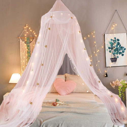 tzyudk Bed Canopy with Lights for Girls, Gold Star Princess Crib Canopy Curtains, Extra Large Dome Mosquito Net Reading Nook Canopy for Kids Twin Full Queen Size Bed, Fire Retardant Fabric(White)