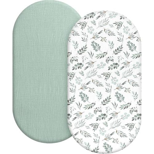 Organic Baby Bassinet Sheets 2 Pack 33”x17” 100% Muslin Cotton for Baby Girl Boy, Soft Fitted Mattress Pad Cover Compatible with Halo BassiNest Swivel Sleeper, Graco, Baby Delight, Chicco, Angelbliss