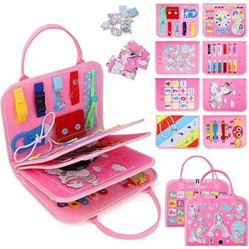 Busy Board, Montessori Toys for 1 2 3 4 Year Old Girl Birthday Gifts, Educational Sensory Toy for Learning Activities Fine Motor Skills, Road Trip Airplane Travel Toys for Toddlers Kids Age 1-3 2-4