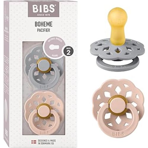 BIBS Pacifiers - Boheme Collection | BPA-Free Round Nipple | Nautral Rubber Latex | Made in Denmark | Set of 2 Cloud/Blush Color Premium Soothers | Size 6-18 Months