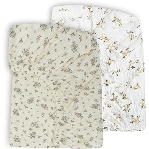 Ultra Soft Muslin Crib Sheets for Baby, Premium Breathable Organic Cotton Crib Fitted Sheet for 52’’x28’’Standard Crib and Toddler Mattress.2 Pack Flower Pattern