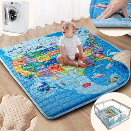Beavtaens Baby Play Mat for Floor, 50x50 Playpen Mat with Super Soft Touch, Play Pen Mats with Upgraded Anti-Slip Bottom, Machine Washable (Map)