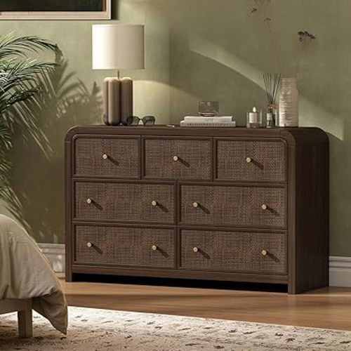 Oak&Sparrow 7 Drawer Dresser for Bedroom, 49'' Rattan Dresser with Ample Storage, Boho Chest of Drawers, Thickened Curved Profile Design, Dark Walnut Dressers for Bedroom, Living Room