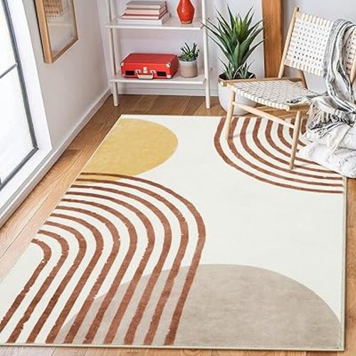 Wonnitar Boho Rug for Bedroom, 3x5 Washable Rug for Nursery, Bohemian Kids Rug Soft Non-Slip Small Living Room Area Rug, Mid Century Modern Soft Floor Carpet for Girls Baby Room (Orange,3'x5')