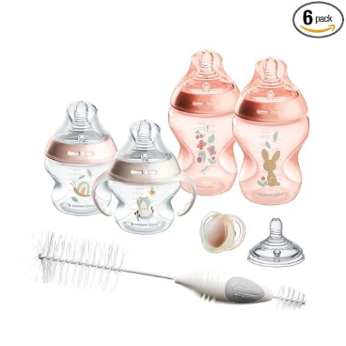 Tommee Tippee Natural Start 8 Piece BPA Free Bottle Set, Includes 2 x 5 oz & 2 x 9 oz Bottles, 1 x Medium Flow Nipple, 1 x 0-6m Pacifier, 1 x Removable Bottle Handle, 1 x Cleaning Brush, Pink